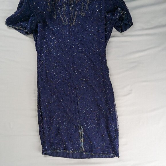 VTG Blue Silver Silk Beaded Short Sleeve Detailed Neckline Formal Evening Dress - Picture 2 of 7